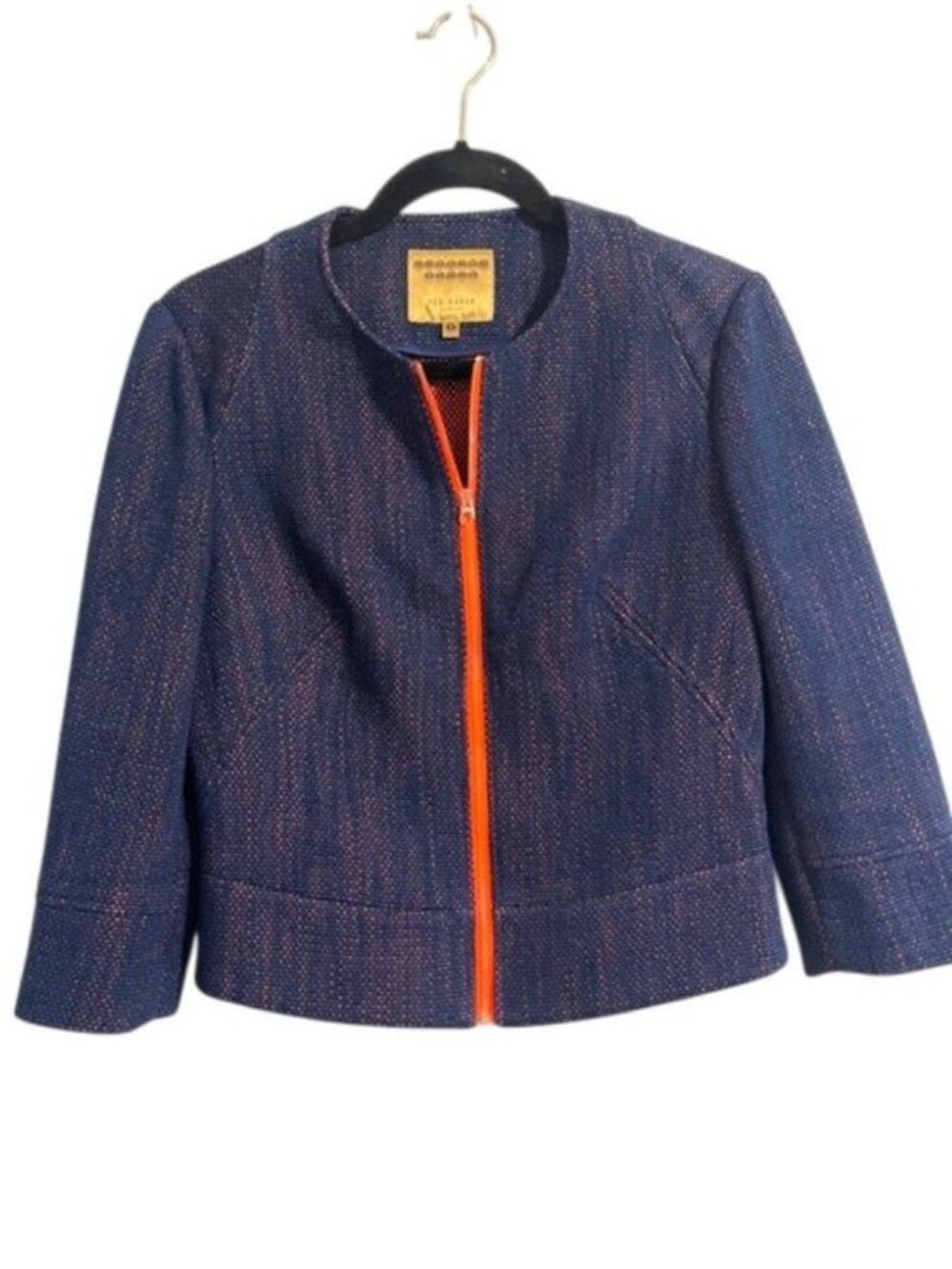 Ted Baker London Collarless Zip Front Cropped Jacket Navy Orange Size 2